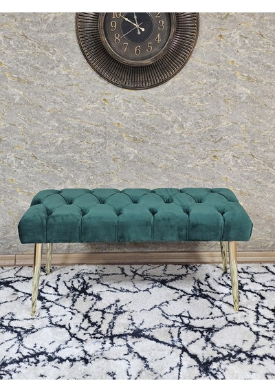 Zafir Gold Kaplama Sivriltme Ayaklı 90 Cm Puf Bench - Puf - Bench - Kasalı Oturak - Oturak - Yatak Ucu Puf Yeşil