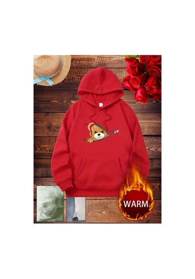 Medinenur Fermuar Desenli Kedili Kapüşonlu Oversize Sweatshirt Kırmızı
