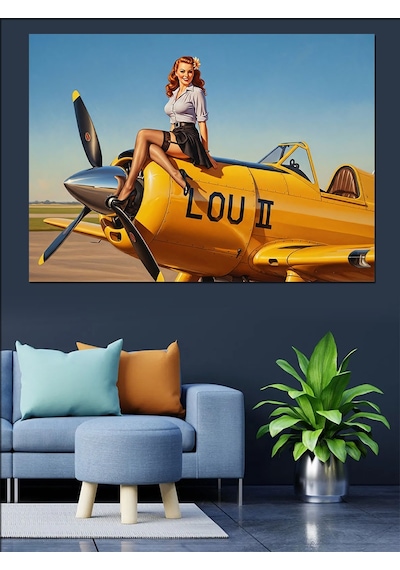 Ahşap Tablo Uçağın Kanadında Oturan Pin-up Kızı