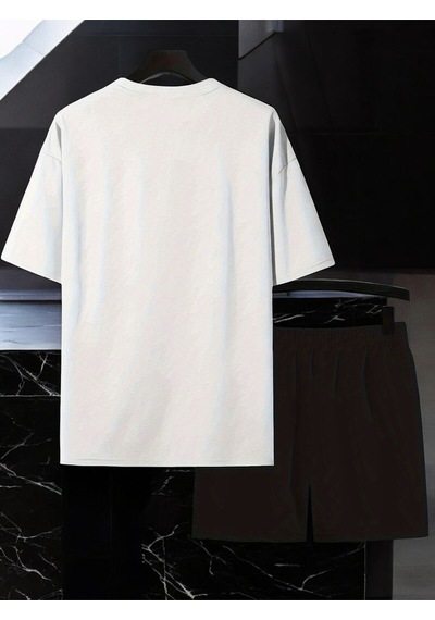 Uyguntarz Unisex Yıldızlar Tasarım Basklı Tshirt Şort Takımı Beyaz
