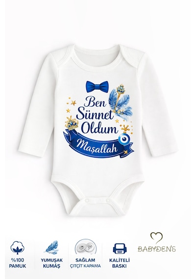 Babyden's Sünnet Kıyafeti Erkek Bebek Body Pamuk Ben Sünnet Oldum Maşallah Baskılı Zıbın Uzun Kol Body Beyaz