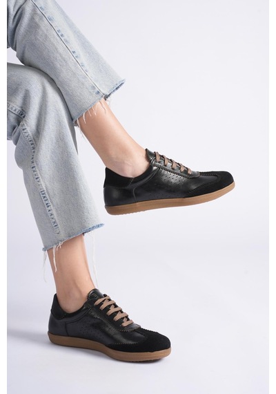 Analin Shoes Kadın Hakiki Deri Bağcıklı Süet Detaylı Spor Ayakkabı Siyah