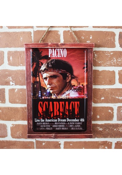 Rustik Ahşap Çerçeveli Vintage Metal Pano Scarface 20x30