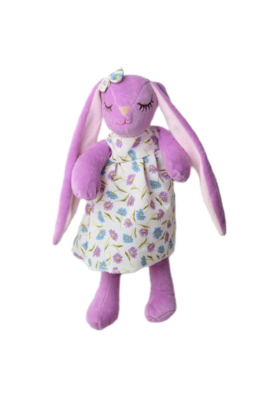İthal Kumaş Uzun Kulaklı Renkli Kıyafetli Sevimli Tavşan Peluş Oyuncak Uyku & Oyun Arkadaşı 30 Cm. Lila