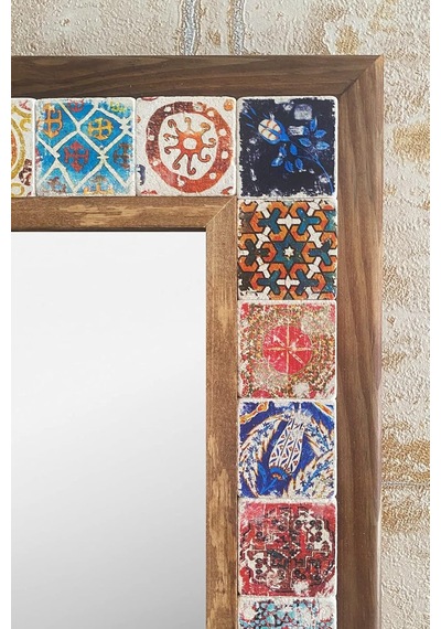 Oscar Stone Decor Ahşap Çerçeveli Mozaik Taş Mermer Ayna 63x93 Cm Seramik Eskitme Çini Desenli Diğer