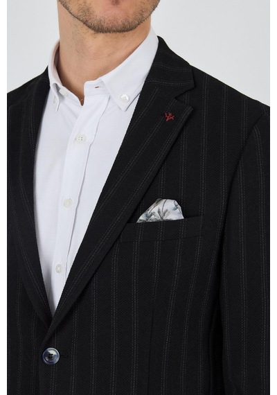 İmza Siyah Mono Yaka Gofreli Esnek 6 Drop Slim Fit Casual Ceket 1002250126 Siyah