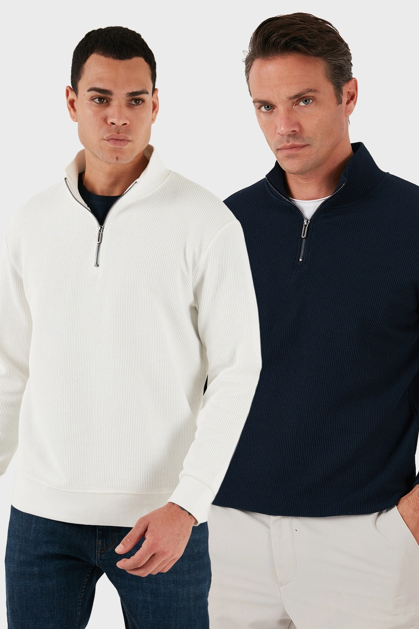Buratti Pamuklu Regular Fit Yarım Fermuarlı Dik Yaka 2'Li Paket Erkek Sweat 5905716S2 Ekru-Koyu Lacivert