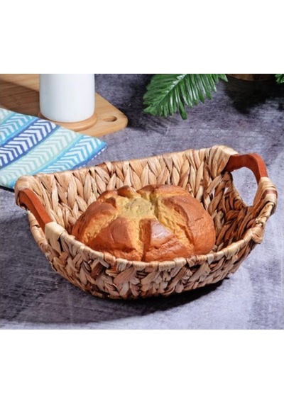 Kosova Wicker Serisi Bezli Oval Ahşap Kulplu Hasır Ekmek Sepeti Açık Gri