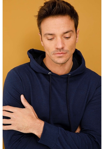 Igs İgs Erkek Lacivert Modernfıt / Ekstra Dar Kalıp Kapşonlu Fermuarsız Sweatshirt Lacivert