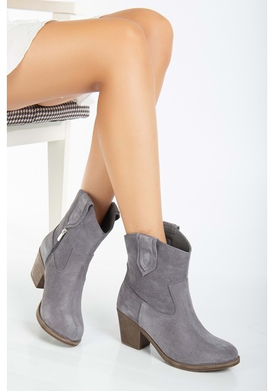 Analin Shoes Kadın Hakiki Deri Western Kovboy Bot Gri Süet
