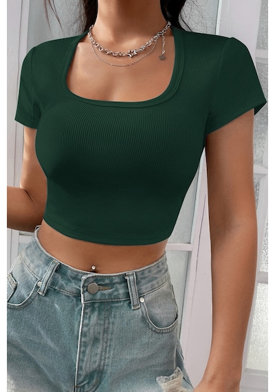 Angbutik Kadın Yeşil Yarım Kol Düz Yaka Crop Top Bluz