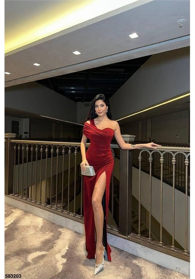 Lior Design Kadın Şık Model Tek Omuz Yırtmaçlı Abiye Elbise Kırmızı