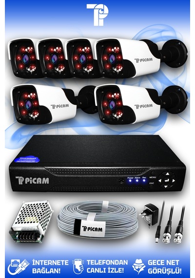 Picam 6 Kameralı Panda 6 Dış Kamera Set HDD'siz Full HD Gece Görüşlü Güvenlik Kamerası Sistemi