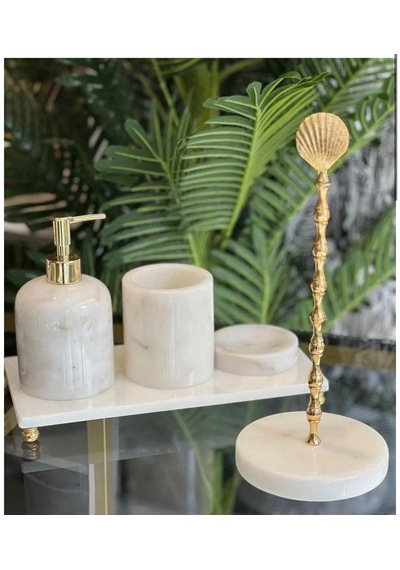 Dekoratif Doğal Beyaz Mermer 5 Parça Banyo Seti / Rulo Havluluk Gold Deniz Kabuğu Altın - Beyaz