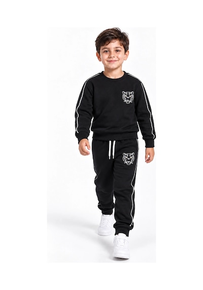 Rony Pony Kids Erkek Çocuk Siyah Kaplan Figürlü %100 Pamuk 3 İplik Şardonsuz Eşofman Takımı Siyah Beyaz