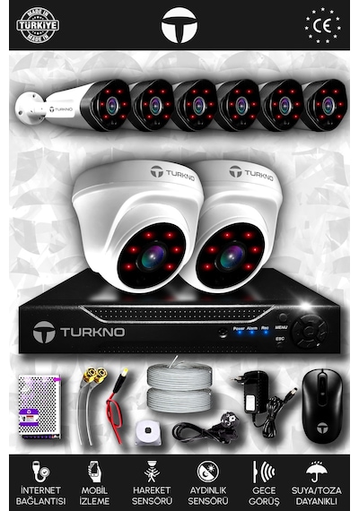 Turkno 8 Kameralı Galia 2 İç Kamera Set HDD'siz Full HD Gece Görüşlü Güvenlik Kamerası Sistemi