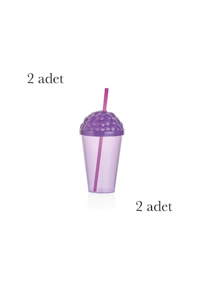 Pipetli Plastik Meşrubat Bardağı, 450 Ml, Mor 2'li Set Qlux Bpa İçermez Soğuk Sıcak İçecek Çok Renkli