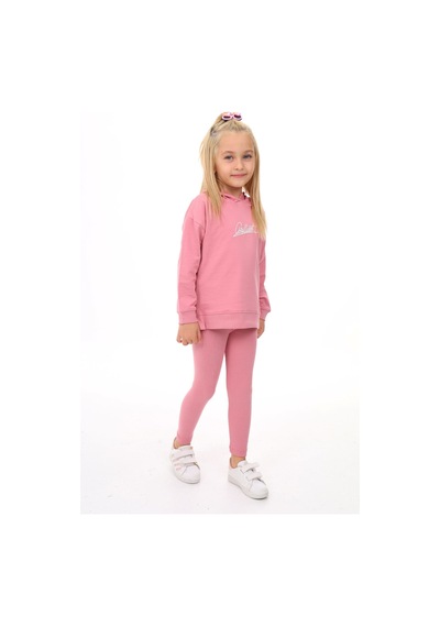 Toontoy Kids Toontoy Kız Çocuk 2'li Takım Baskılı Bisiklet Yaka Düşük Omuz Cepli Sweatshirt & Basic Düz Tayt Gül Kurusu