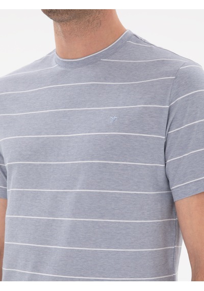 Beyaz Regular Fit Bisiklet Yaka Çizgili T-shirt Mavi