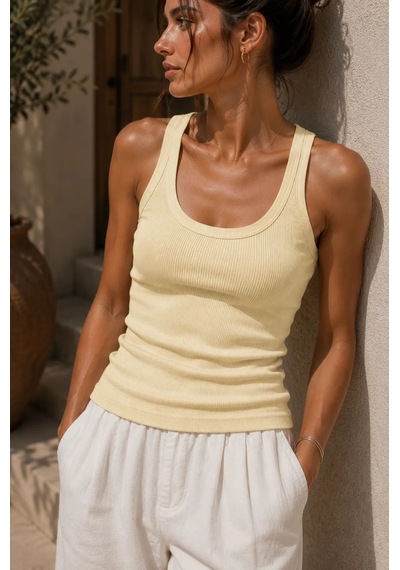 Bb Butik Basic Soft Cotton Fitilli Pamuk Basic Atlet Vücuda Oturan Kalıp Md3571 Sarı