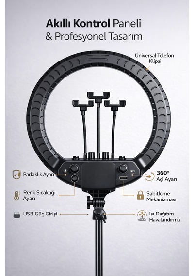 Ring Light Led Işık Halkası 21 Inç 54 Cm Profesyonel Stüdyo Işığı Ve 210 Cm Döküm Ayak Kumanda Çanta Siyah