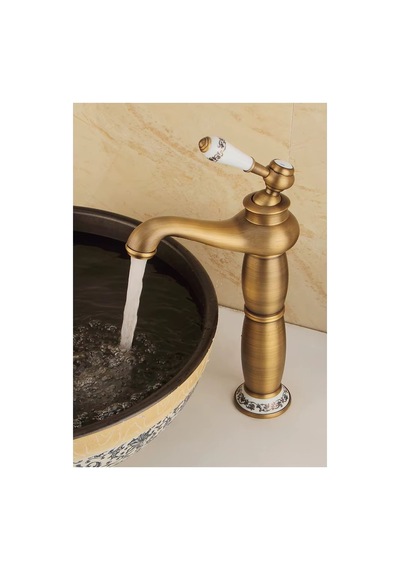 Rena Design Rustik Antik Çanak Lavabo Bataryası Banyo Yüksek Musluk Eskitme Porselen Işleme Armatür Otantik Bakır Retro Antik Eskitme