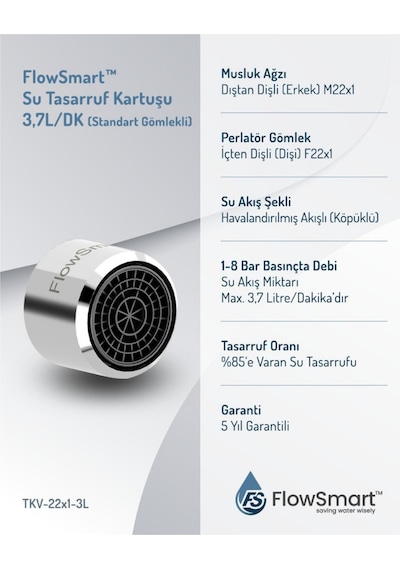 Flowsmart Su Tasarruflu Aeratör 3,7 L/dk %85 E Varan Su Tasarrufu M22 Miks & Kuğu Batarya Uyumlu