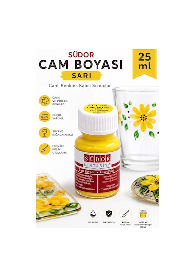 Cam Boyası Vitray Boyası 25 Ml 1 Adet Südor Su Bazlı Renkli Cam Vitray Boyası Sanat Hobi Sarı