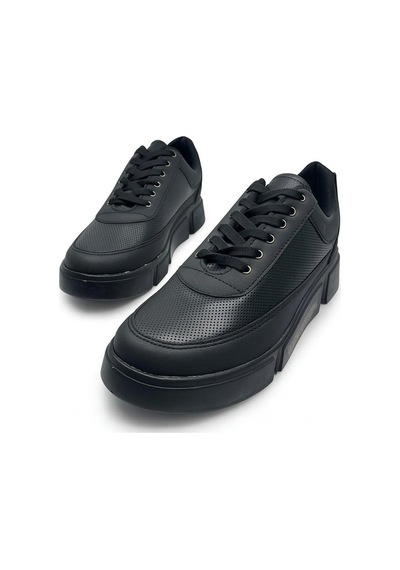 Günlük Erkek Spor Ayakkabı Bağcıklı Dikiş Detaylı Hafif Kalın Yüksek Taban Sneaker Mc06 Siyah Siyah