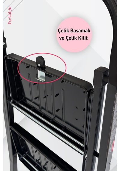4 Basamaklı Siyah Çelik Merdiven - Ekstra Güçlü Gövde - Kalın Profil