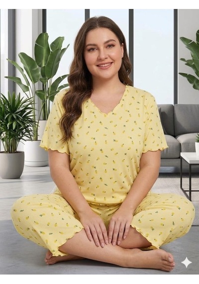 Büyük Beden Kısa Kol Pamuklu Ultrasoft Likralı Kapri Pijama Takımı 8652 Sarı