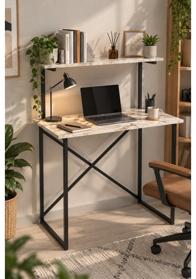 Sulorahome Beyaz Raflı Çalışma Masası Bej Mermer