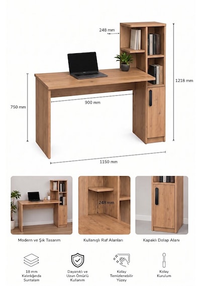 Ders Çalışma Masası 90 Cm Kitaplıklı Çalışma Masası Öğrenci Masası Ofis Çalışma Masası Atlantik Çam