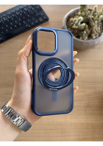 Apple Uyumlu iPhone 16 Standlı Ve Yüzüklü Magsafe Kılıf Soocase721 Lacivert