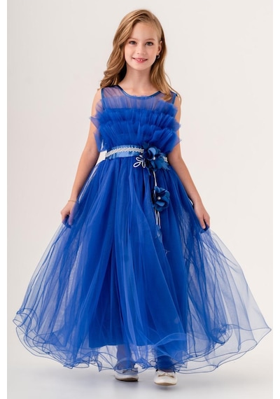 Mnk Baby & Kids Kız Çocuk Robası Katlı Özel Gün Abiye Elbise Mnk0475 Saks Mavi