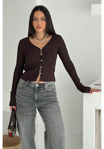 Noa & Noa Kadın Düğme Detaylı Fit Triko Bluz Zarif & Modern Stil Kahverengi