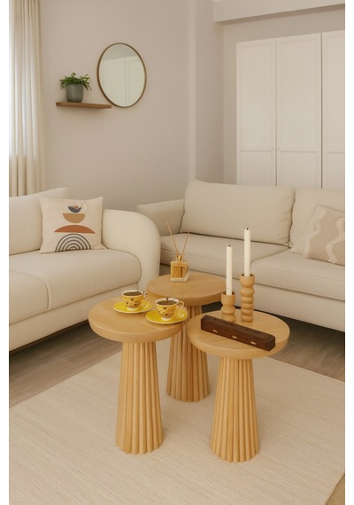 Wooden Ahşap 3 Lü Set Mantar Yan Sehpa Fiskos / Çiçeklik / Zigon Sehpa Vernikli / Coffee Table Ahşap