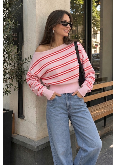 Sayzen Your Shine Trend Kayıkçı Yaka Çizgili Kadın Triko Kazak Pembe