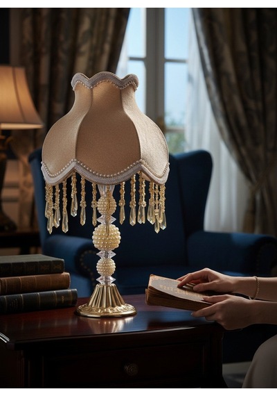 Kadife Kaplı El Yapımı İnci Ayaklı Gold Klasik Model Abajur