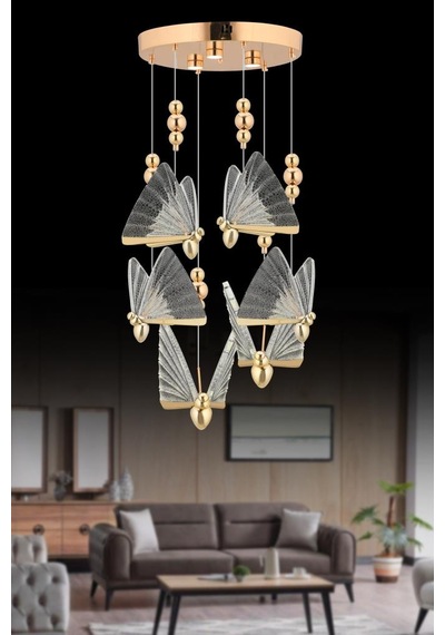 İstanbul Avize İpek 6'lı Gold Ledli 3 Renk Modern Led Avize Gold