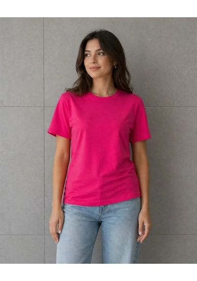 Defymoda Basic Pamuklu Tişört Bisiklet Yaka Düz Renk Relaxed Fit T-shirt - Fuşya