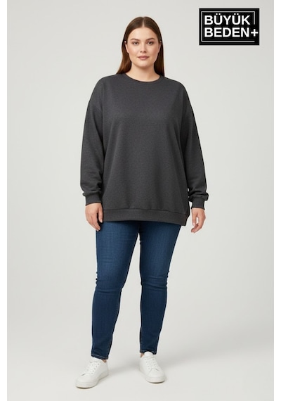 Superlife Kadın Büyük Beden Bisiklet Yaka Kollar Ve Etek Ribanalı İnce Sweatshirt Spr26bswk956 Antrasit
