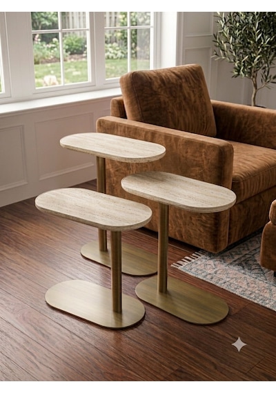 Traverten Renk Üst Tabla , Cappicino Renk Metal Ayaklı 3'lü Zigon Sehpa Seti Salon /koltuk Altı Sehpa Yan Sehpa - C Sehba Modern Sehba Cappuccino - Traverten