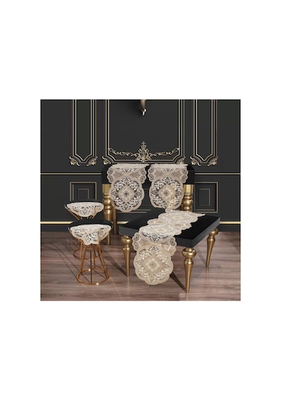 Salon Takımı 5 Parça Dantelli Masa Örtüsü Runner Seti Alya Model No124 - Gold Çok Renkli