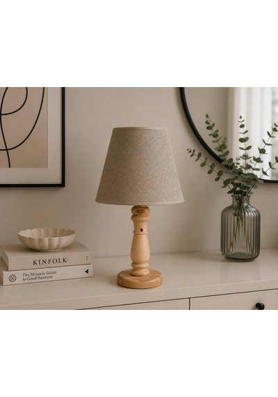 Vizon Kumaş Başlık Doğal Ahşap Ayaklı Modern Abajur 45x25 Cm