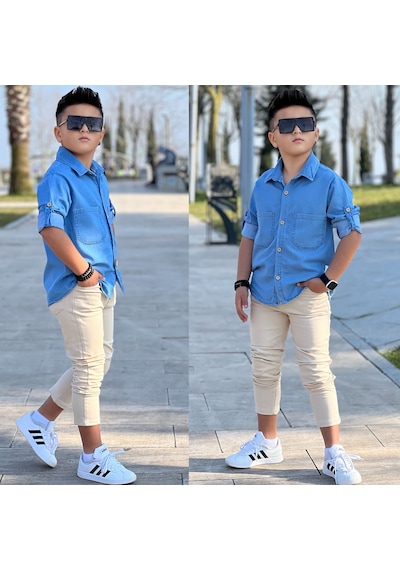 Modavals Tensel Denim Gömlek Gabardin Pantolon Erkek Çocuk Alt & Üst Takım Mavi