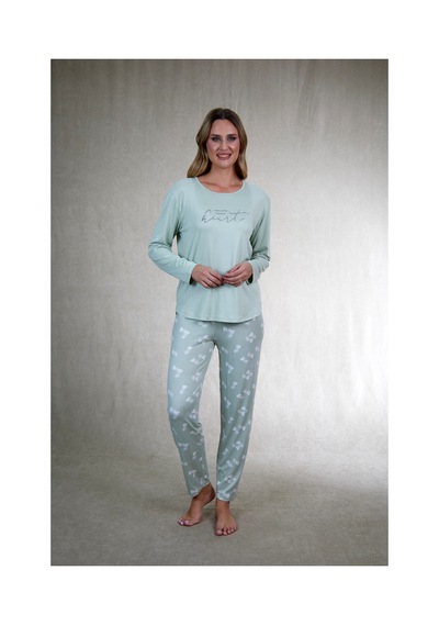 Estiva Kadın Yaprak Alt Desenli Soft Uzun Kollu Pijama Takımı Yeşil