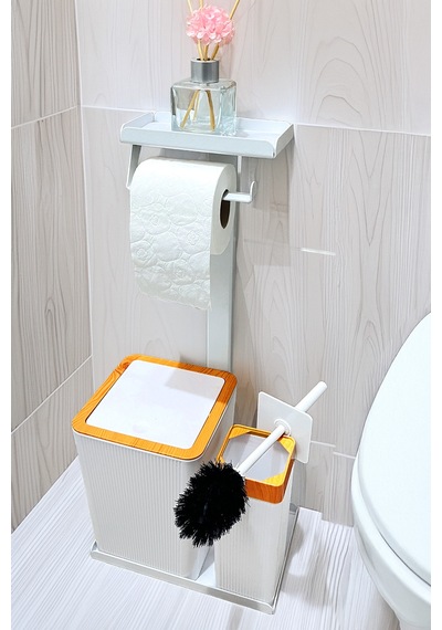 3'ü 1 Arada Banyo Seti Tuvalet Kağıtlık, Çöp Kovası Ve Tuvalet Fırça Takımı Beyaz - Kahverengi