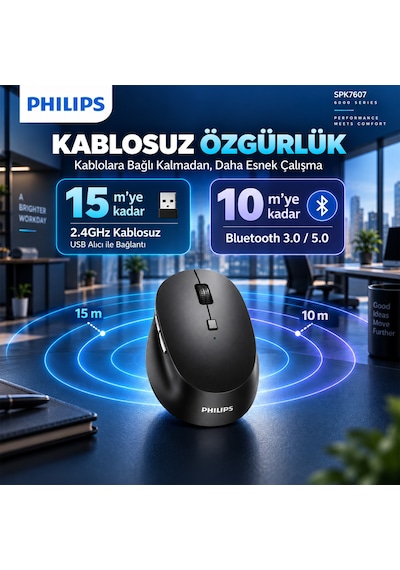 Philips SPK7607 Kablosuz 2.4GHz + Bluetooth 3200 DPI 7 Tuşlu Sessiz Mouse