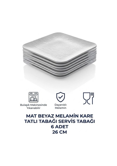 6 Adet Mat Beyaz Kare Melamin Tatlı Tabağı Servis Tabağı - Bulaşık Makinesinde Yıkanabilir 26 Cm